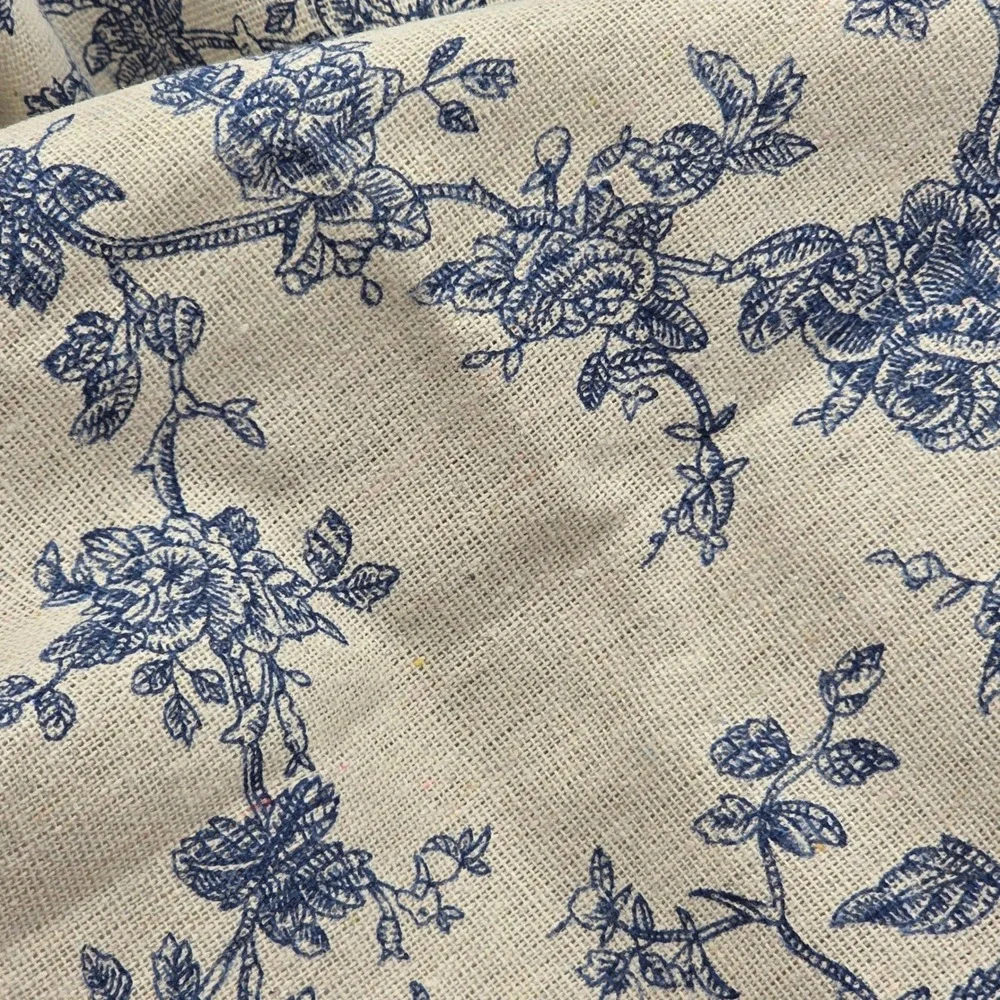 Blue Floral Toile Round Tablecloth Linen Blend French Country Farmhouse Decor